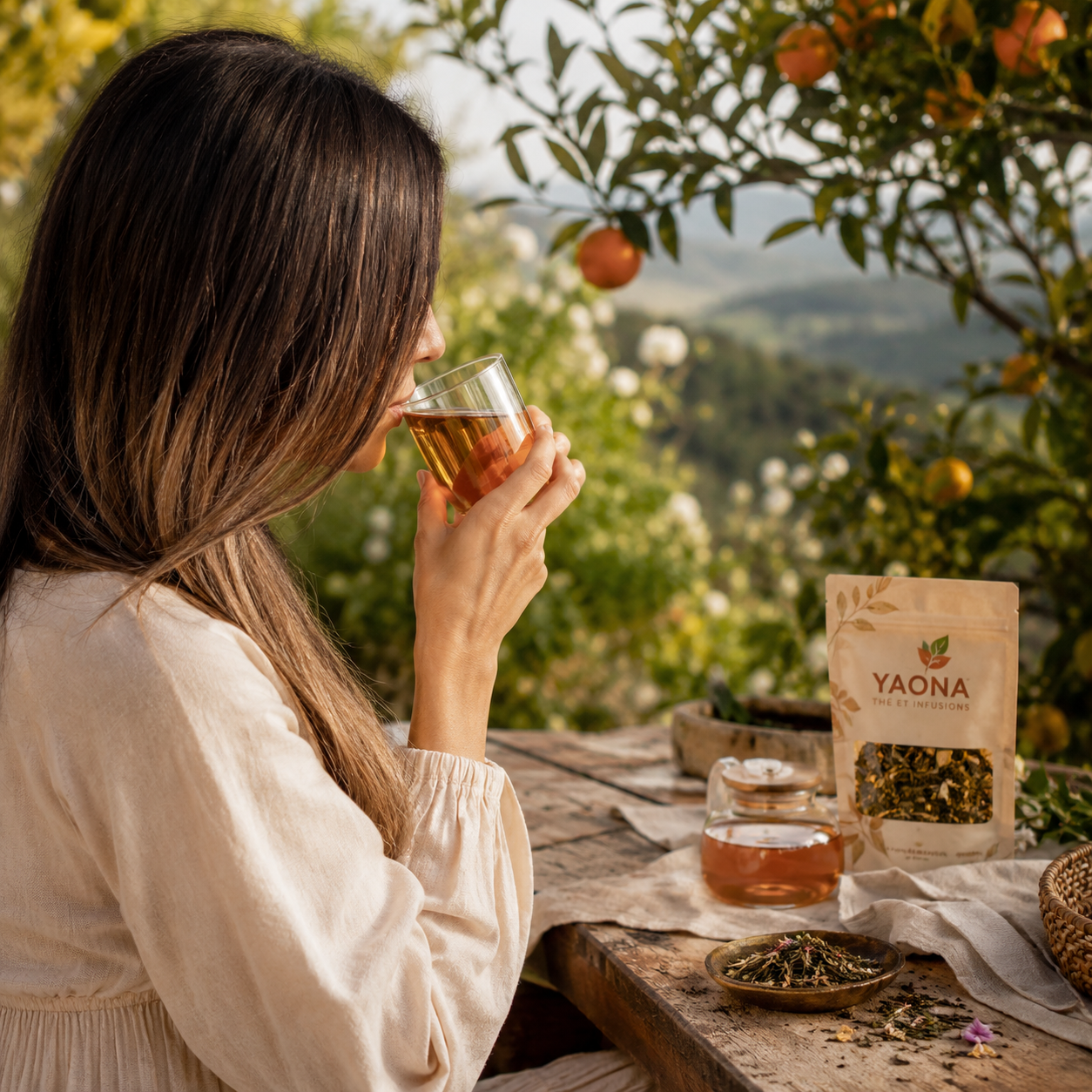 Fondatrice de Yaona dégustant une infusion dans la nature